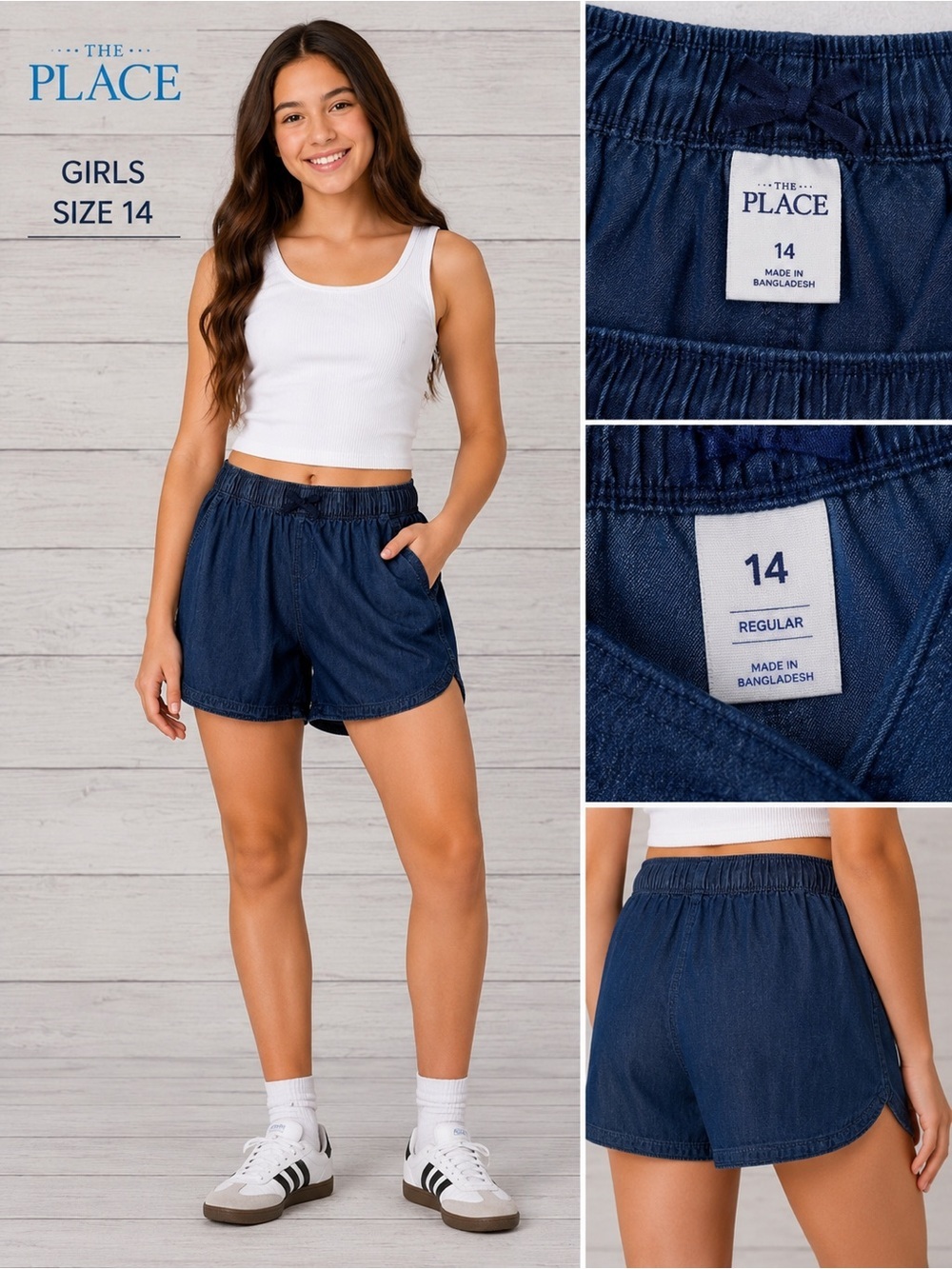 The Place Girls Size 14 Chambray Pull-On Shorts Blue Elastic Waist